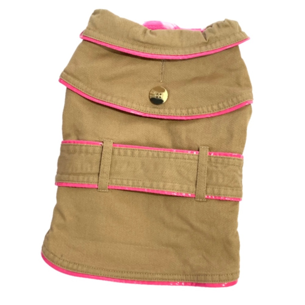 Tan Khaki Belted Jacket w/Bright Pink Trim